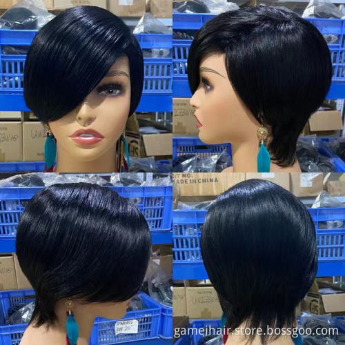 Human Hair Wigs Perruque Short Pixie Cut  Straight  Bob Wigs With Bangs Full Machine Made Wigs For Black Women 150% Density